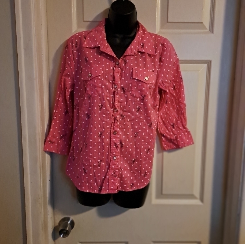 Karen Scott Button up polka Dot- dragonfly print blouse 3/4 sleeve size Medium
